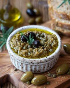 "Assiette de tapenade artisanale entourée d'olives, câpres et anchois sur table en bois - idée de mise en scène pour apéro d'été"
