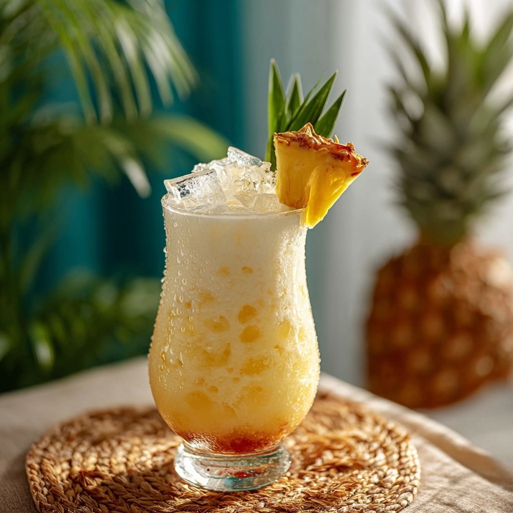 "Mixage d'une Piña Colada dans un blender - mélange onctueux de rhum blanc, lait de coco et jus d'ananas pour cocktail rafraîchissant sans sucre ajouté"