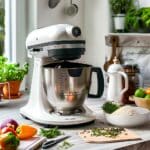 Vue rapprochée du bol du Thermomix en fonctionnement avec des ingrédients frais à l’intérieur, prêt à préparer une recette maison saine.