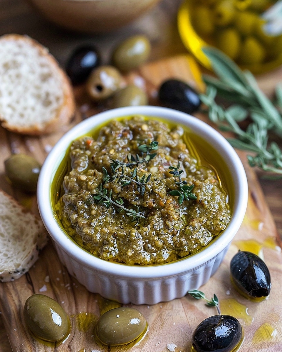 "Tapenade d'olives noires maison étalée sur pain grillé, garnie de thym frais et filet d'huile d'olive - recette provençale facile"