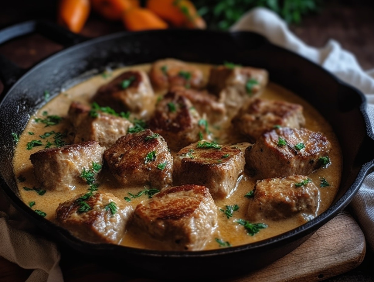 Assiette de sauté de porc maison servi chaud avec pommes de terre vapeur, herbes fraîches, sauce brillante, parfait pour un repas du dimanche convivial. Recette Sauté de Porc